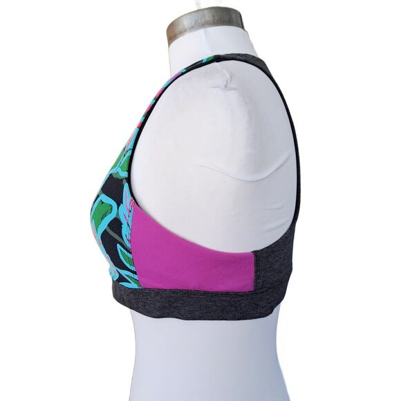 Trina Turk Sports Bra Size Large Racerback Bright Floral Gray Pink Aqua - Picture 4 of 8